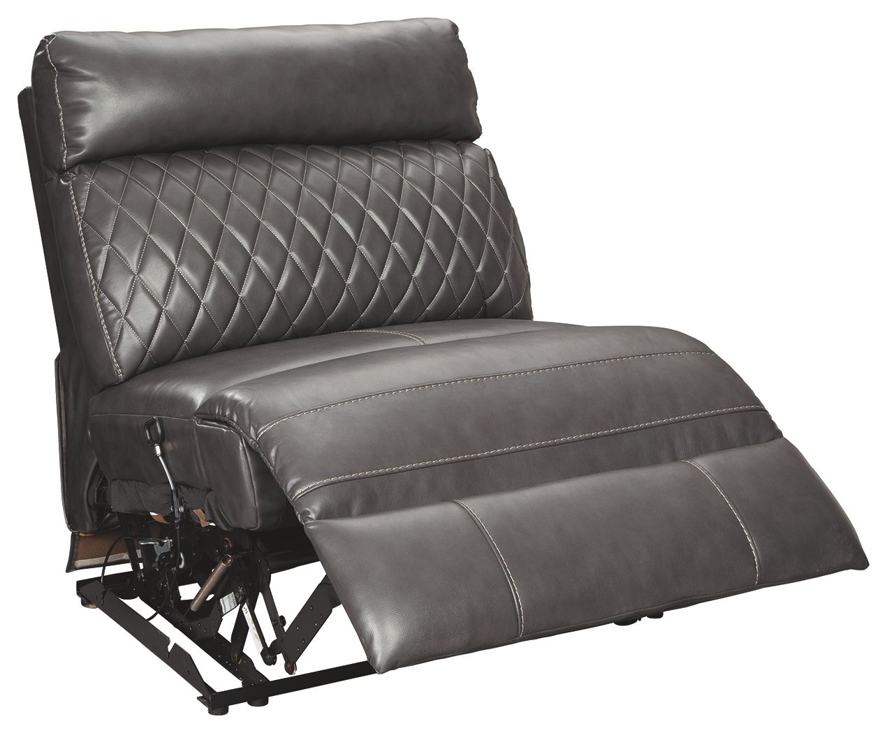 Gray armless recliner with diamond-quilted back and extended leg rest