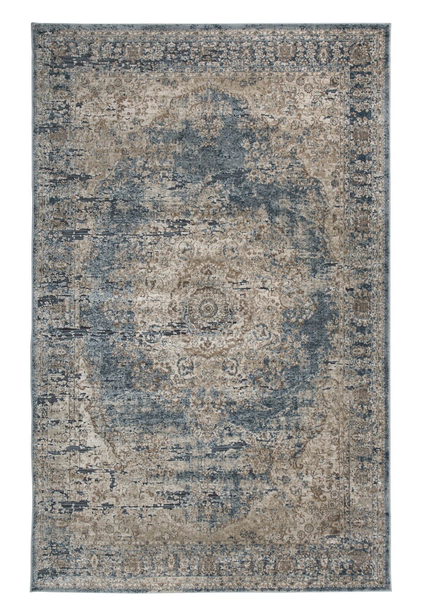 Blue area rug with distressed medallion pattern, rectangular pile