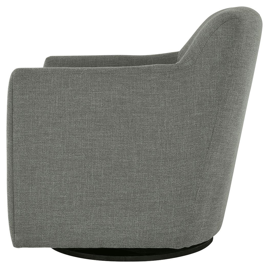 Gray swivel accent chair with curved back, thick arms, and dark base