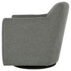 Gray swivel accent chair with curved back, thick arms, and dark base