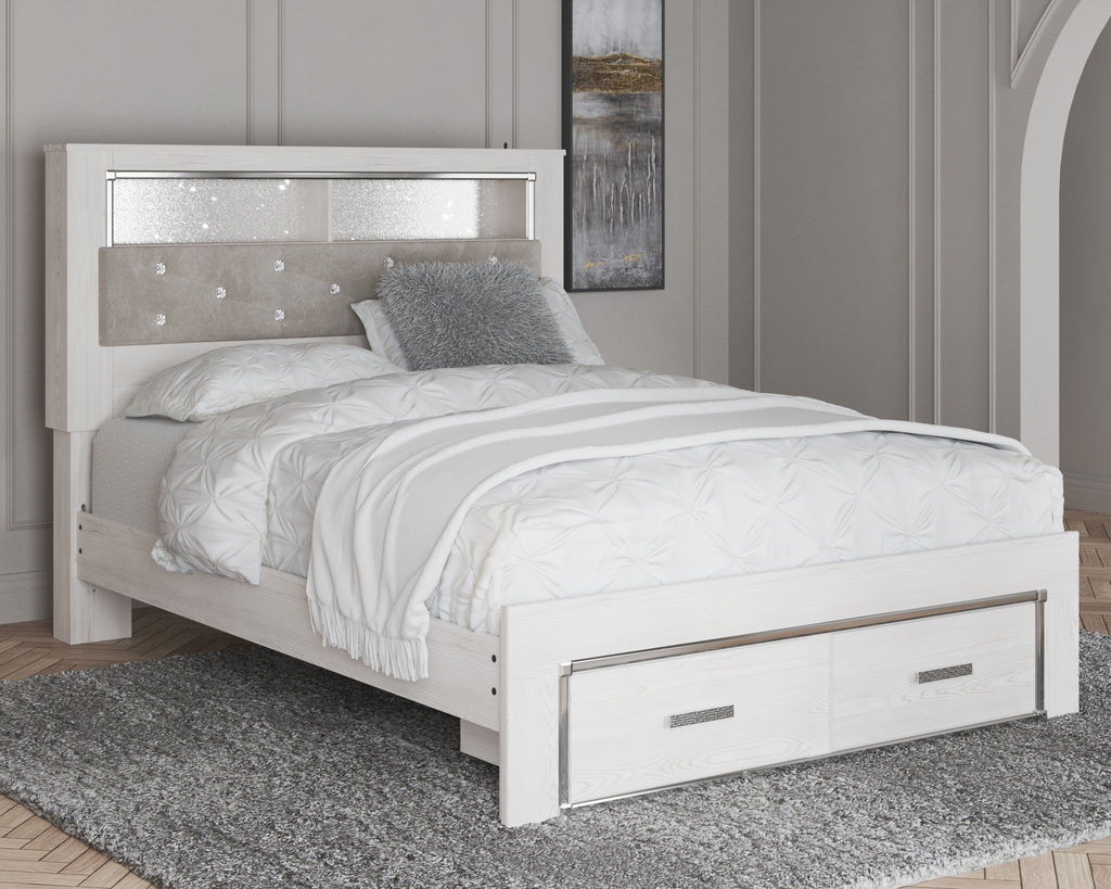 White bookcase bed with headboard shelves and two drawers at foot