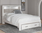 White bookcase bed with headboard shelves and two drawers at foot