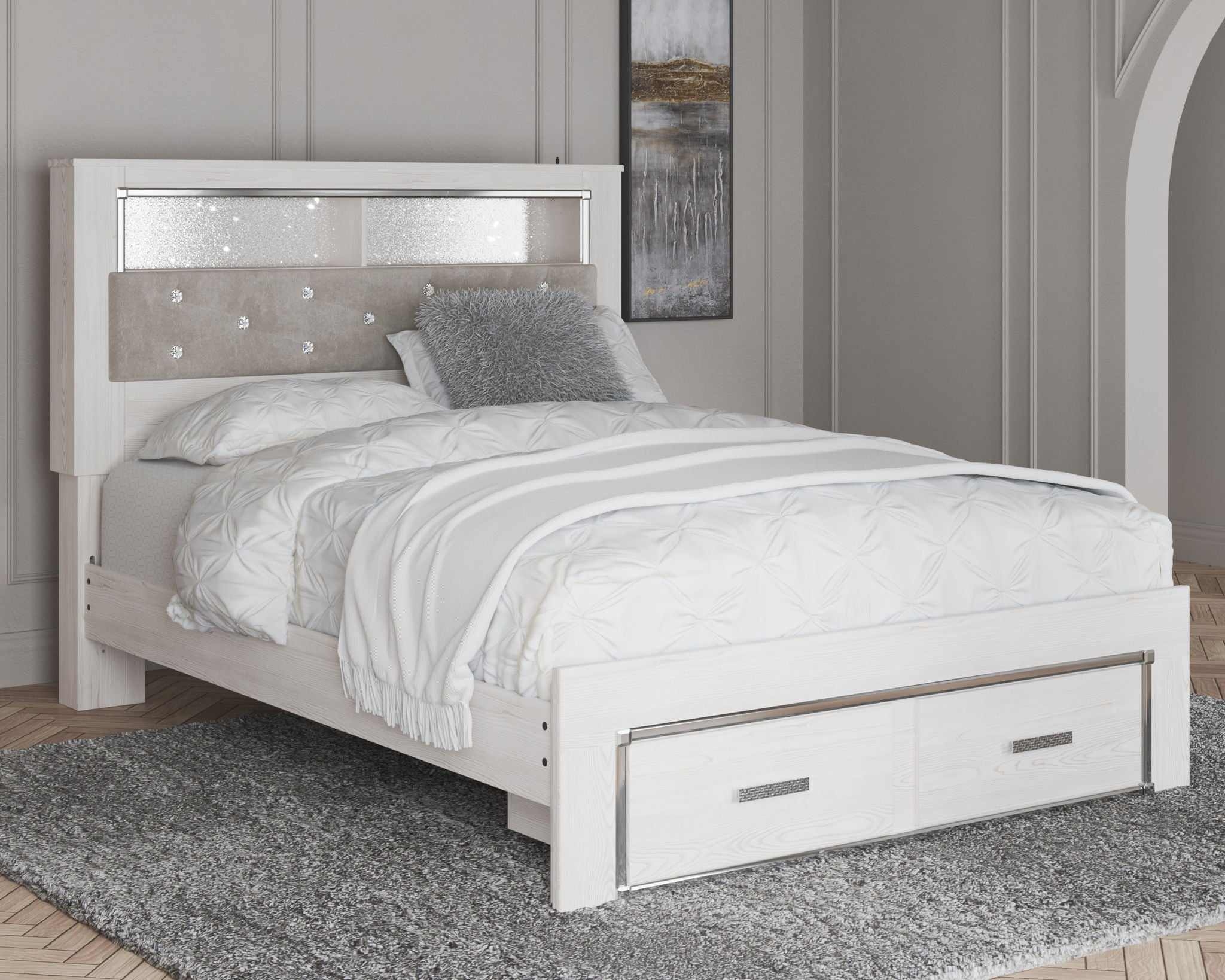 White bookcase bed with headboard shelves and two drawers at foot