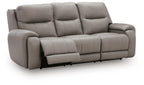 Ash-gray power reclining sofa with audio seating, wide armrests and segmented back