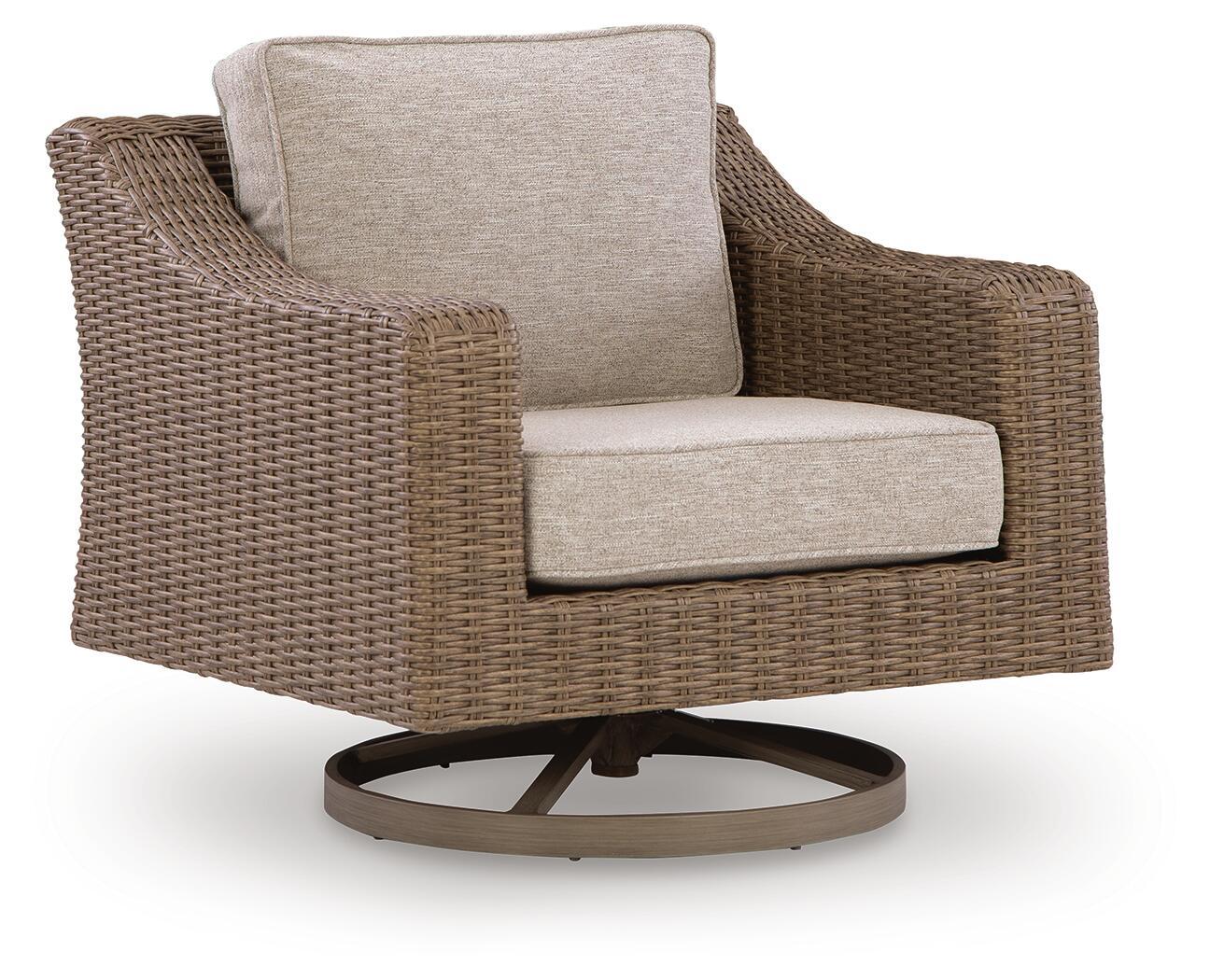 Beige cushion swivel lounge chair with woven wicker frame and round dark swivel base