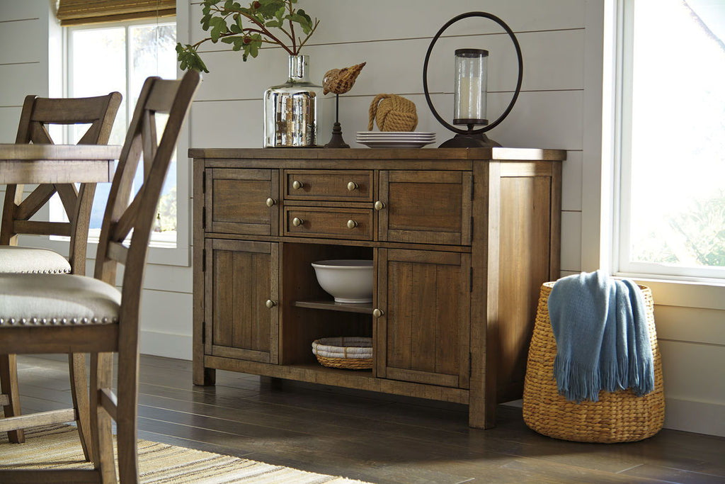 Dark wood sideboard server with drawers and cabinet doors