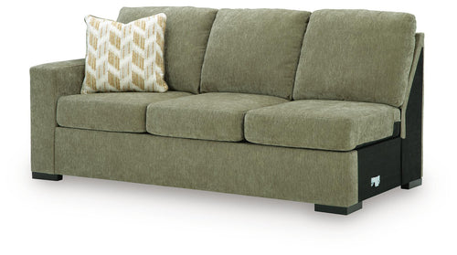 Bridgepoint LAF sofa in moss green fabric, angled view with two seat cushions and block legs
