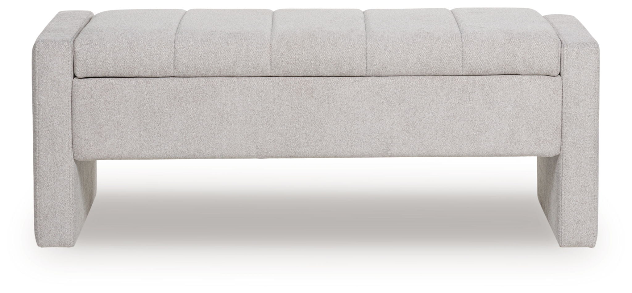 Gray upholstered storage bench with flat front panel and padded seat top