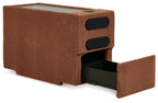Modmax console with audio system, brown fabric open compartment with two speaker grilles