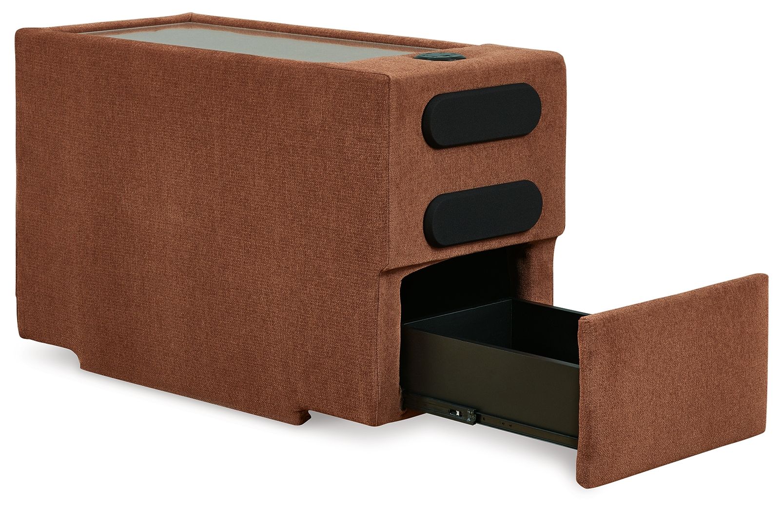 Modmax console with audio system, brown fabric open compartment with two speaker grilles