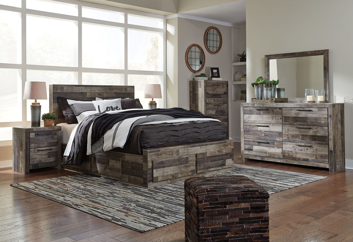 Dark wood panel bed frame with low headboard and footboard and two matching nightstands