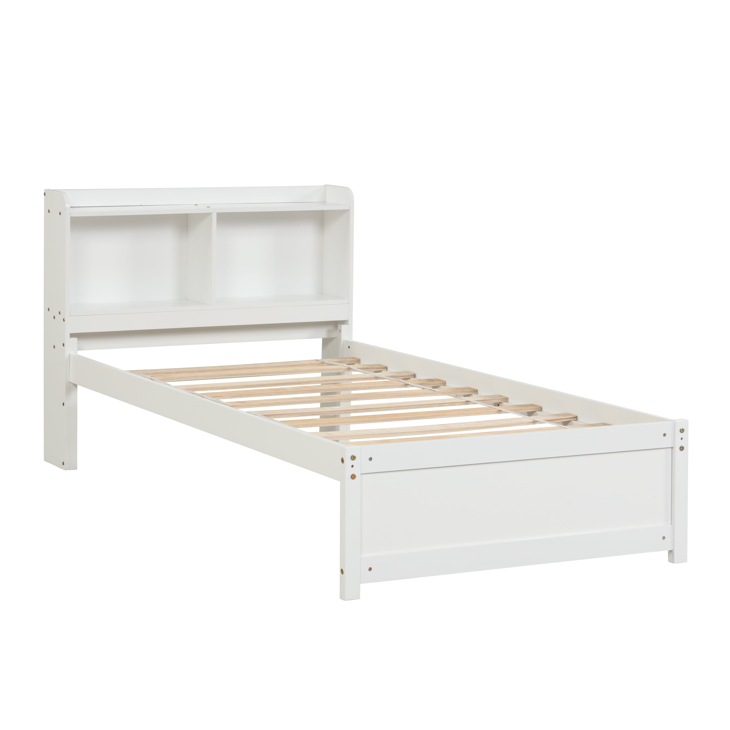 Contemporary Twin Bed w/Trundle & Bookcase Headboard, White Pine