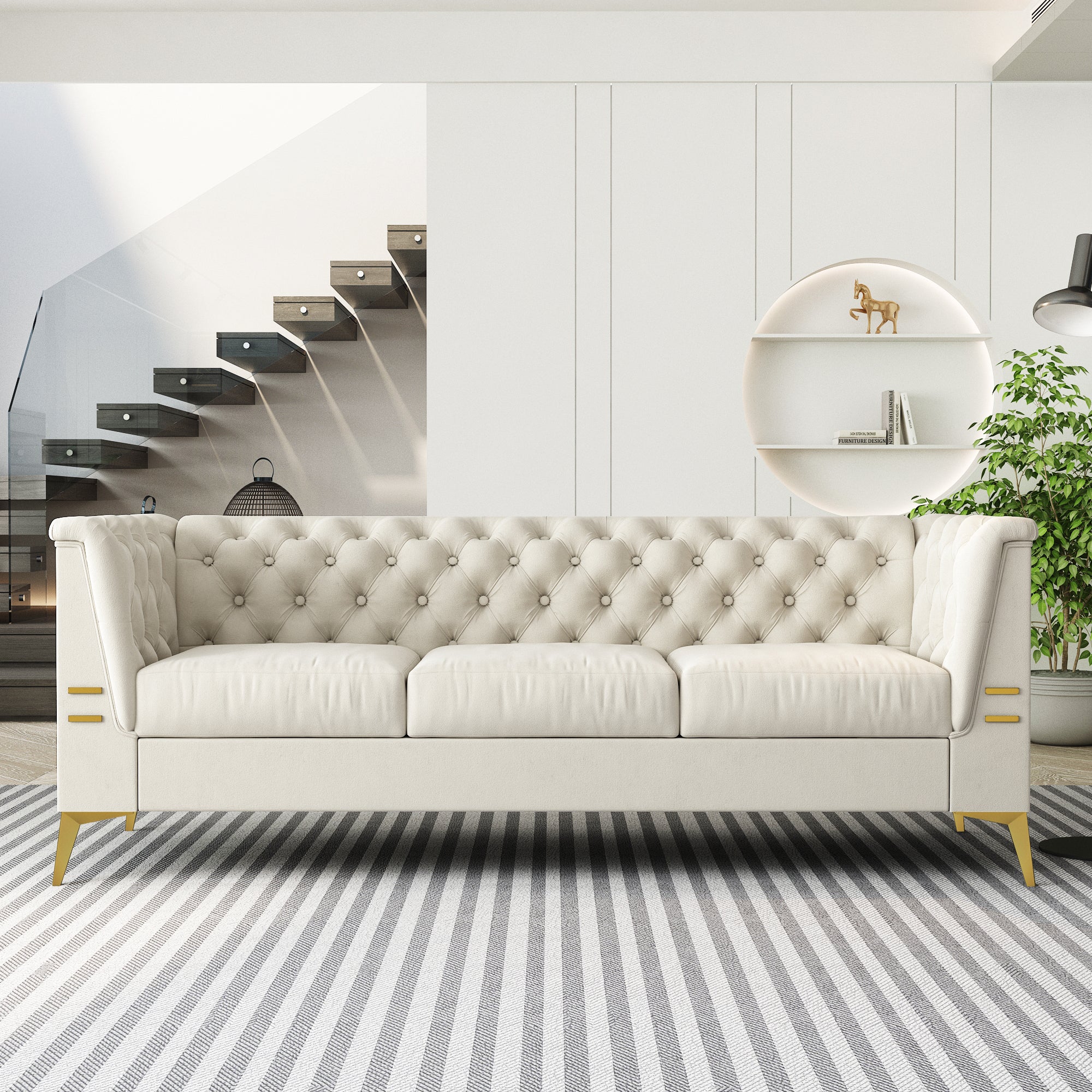 Modern Cream Velvet Chesterfield Sofa (82.7")
