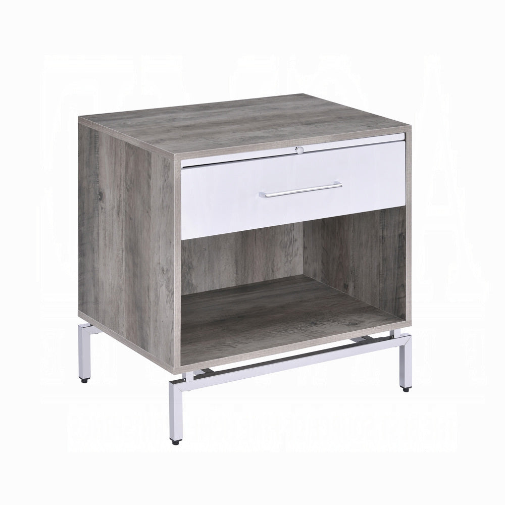 Weathered Gray Oak White Nightstand, 1-Drawer, Open Shelf