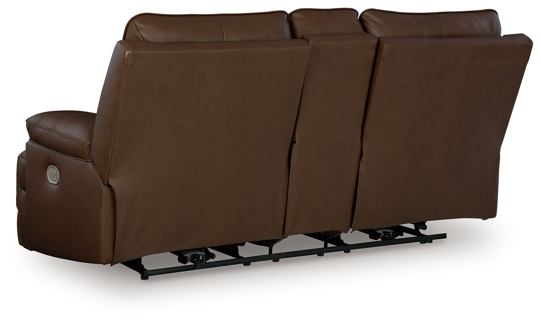 Power reclining loveseat side view in dark brown leather, showing the power recline base