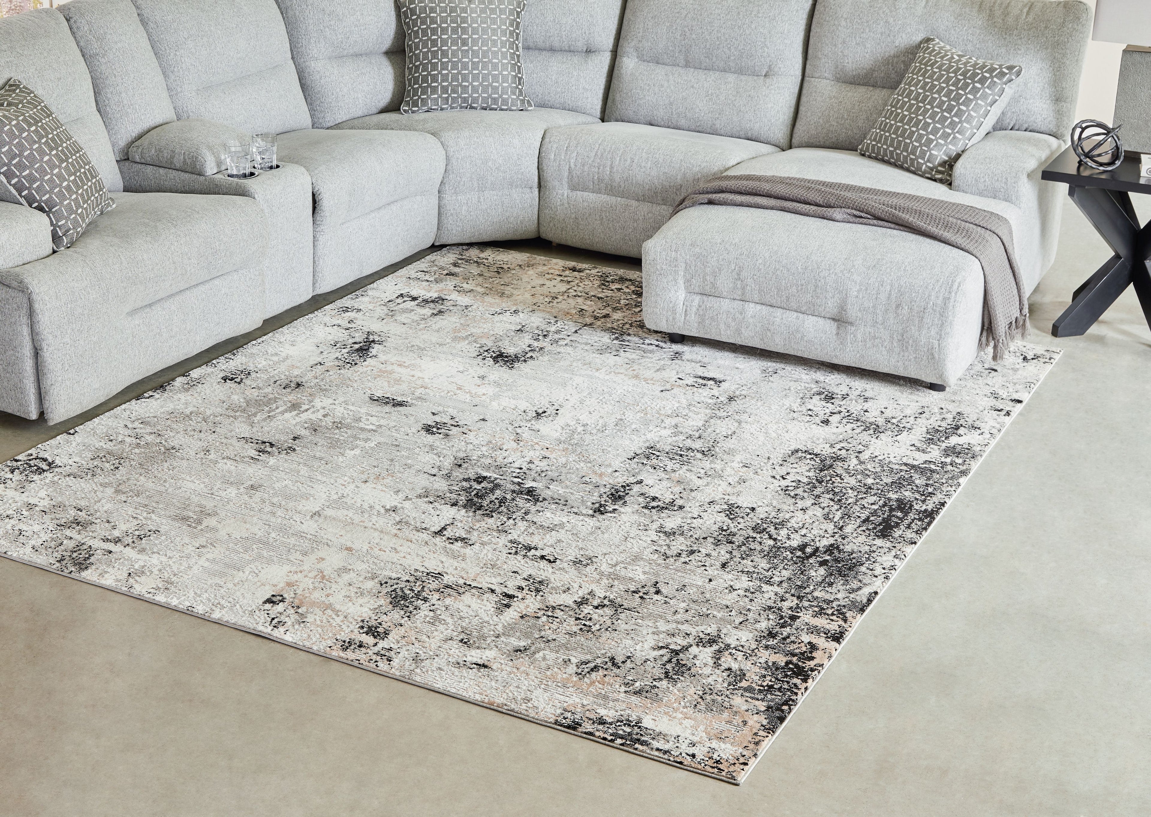 Black and gray distressed abstract area rug, full floor coverage