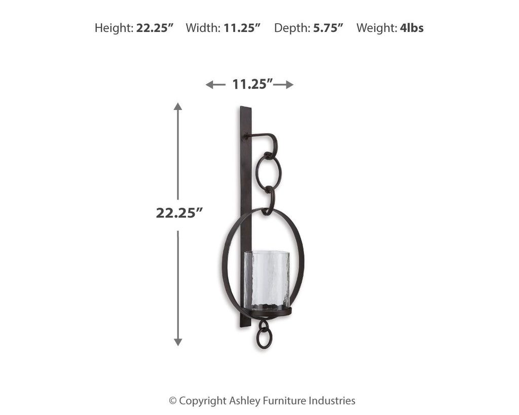 Brown wall sconce with circular metal frame, shown with size measurements