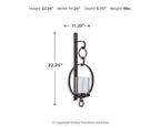 Brown wall sconce with circular metal frame, shown with size measurements