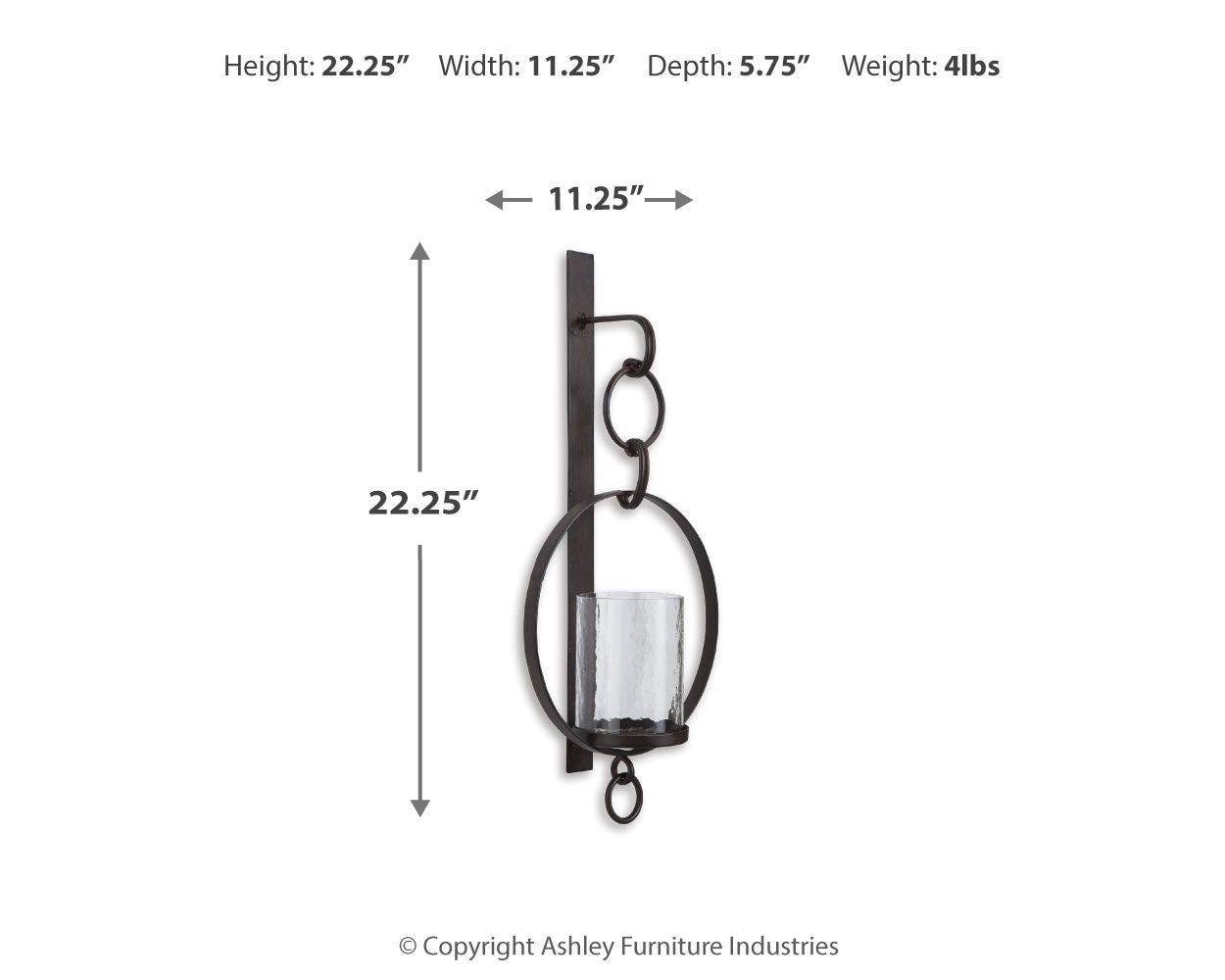 Brown wall sconce with circular metal frame, shown with size measurements