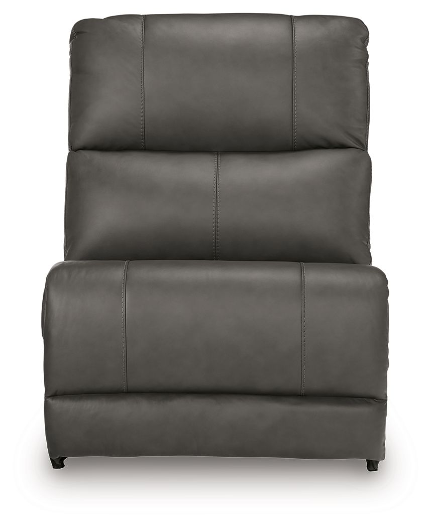 Dark gray armless chair with tall padded back and seat, vertical seam details