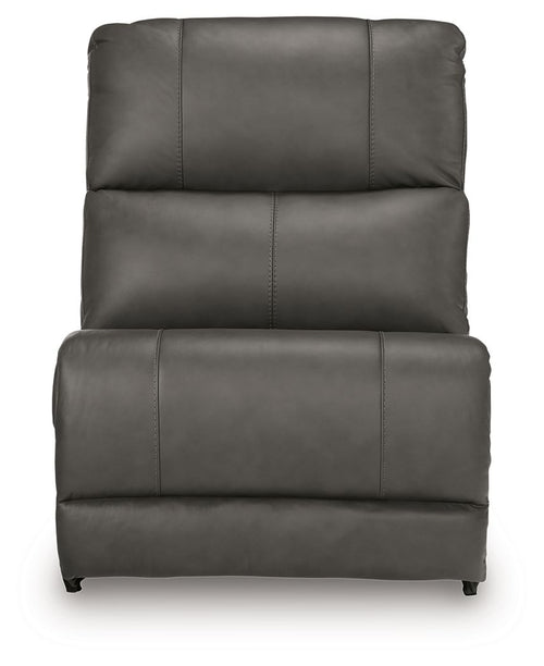 Dark gray armless chair with tall padded back and seat, vertical seam details