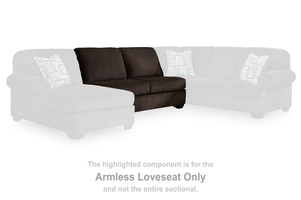 Armless loveseat component in dark brown fabric shown within an L-shaped sectional