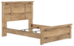 Light brown panel bed frame with paneled headboard and footboard, showing under-bed clearance.