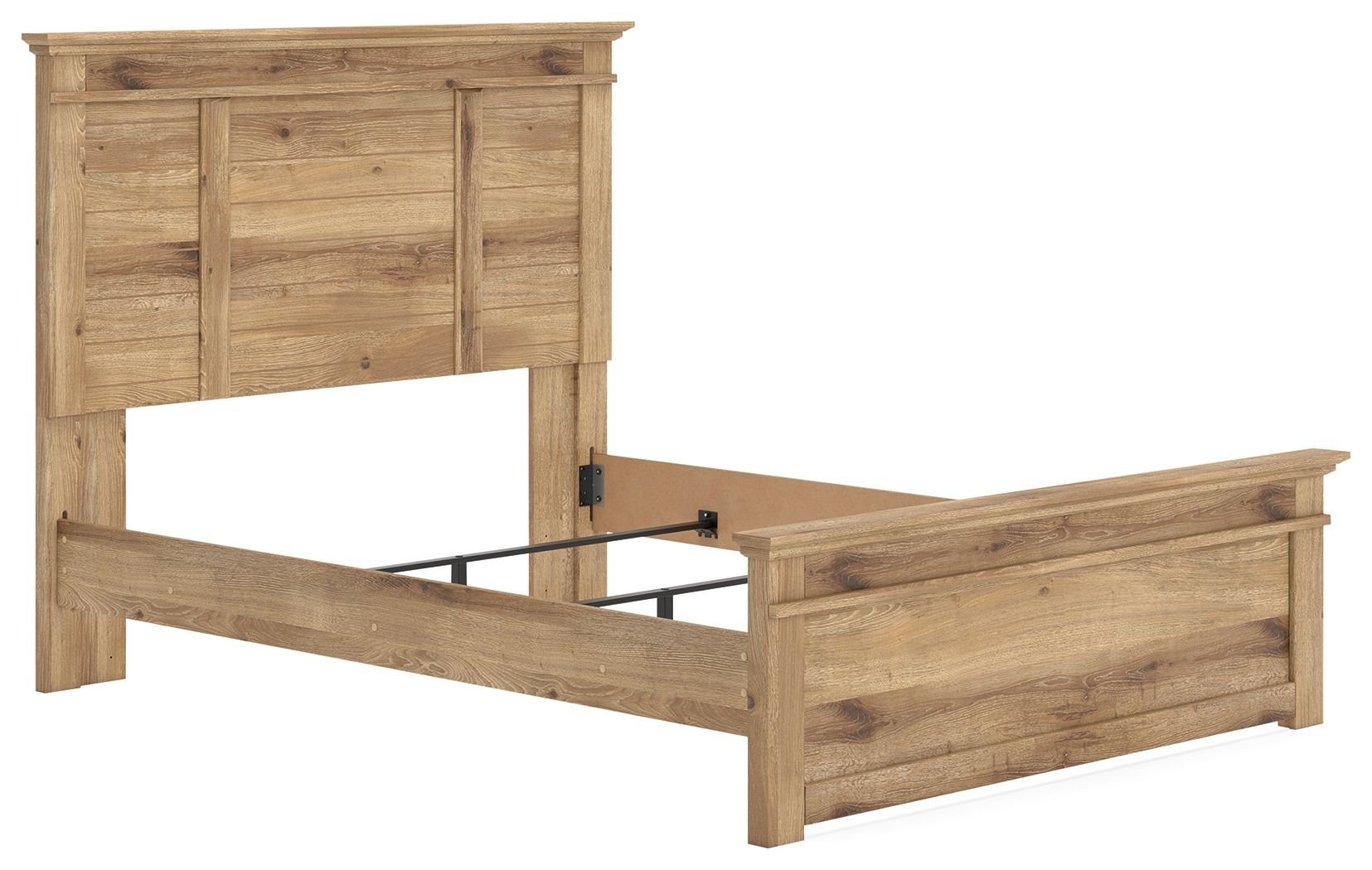 Light brown panel bed frame with paneled headboard and footboard, showing under-bed clearance.