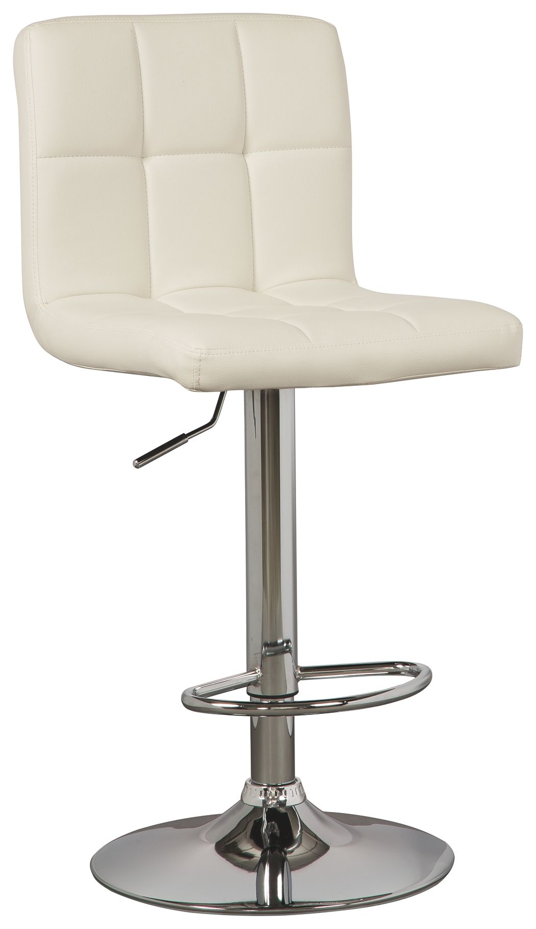 Beige adjustable barstool with padded seat and back, chrome base and circular footrest