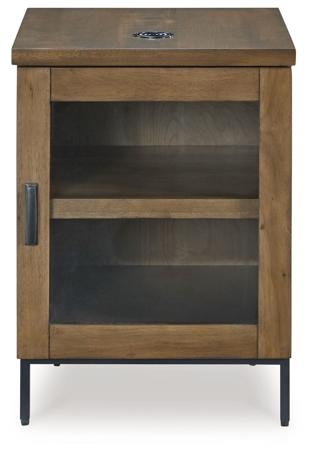 Brown chair-side end table with glass door and two-tier interior shelf