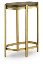 Gold-finish accent table with round glass top and lower ring shelf