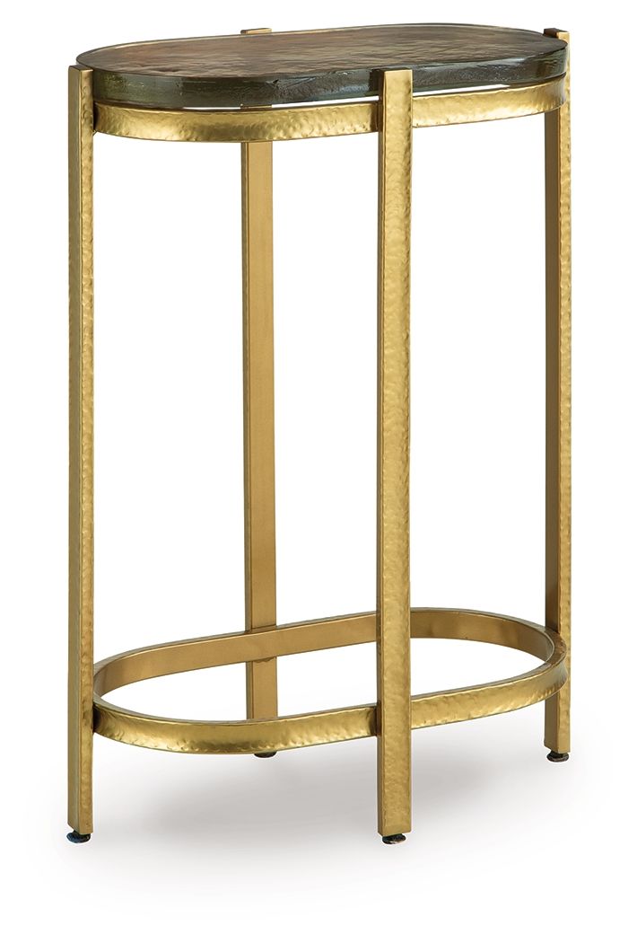 Gold-finish accent table with round glass top and lower ring shelf