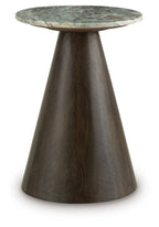 Round accent table with dark brown tapered base and gray mottled stone top