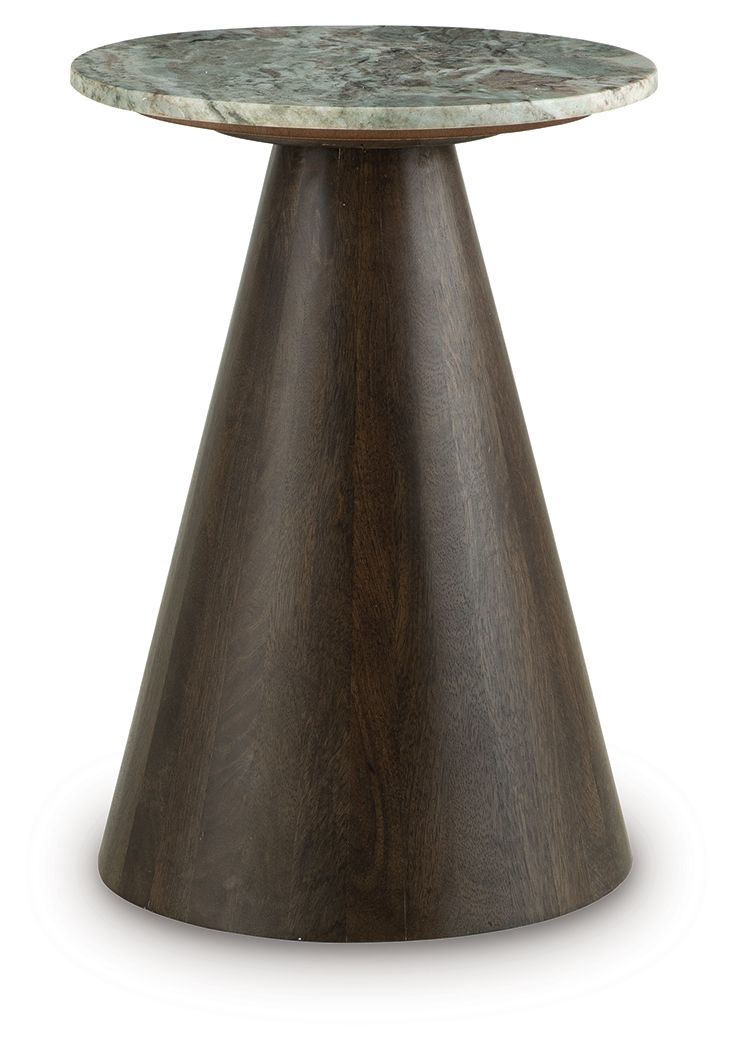 Round accent table with dark brown tapered base and gray mottled stone top
