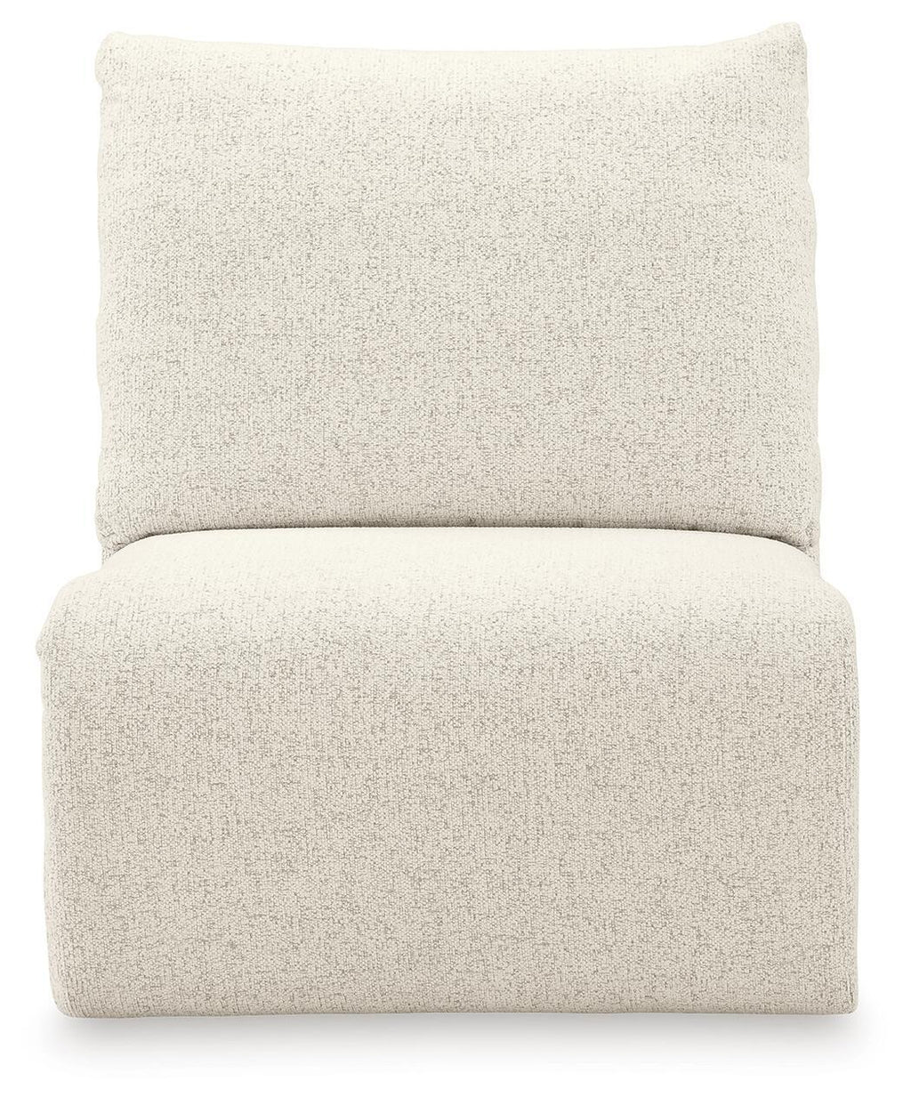 Beige armless chair front view with tall square back and cushioned seat