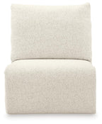Beige armless chair front view with tall square back and cushioned seat