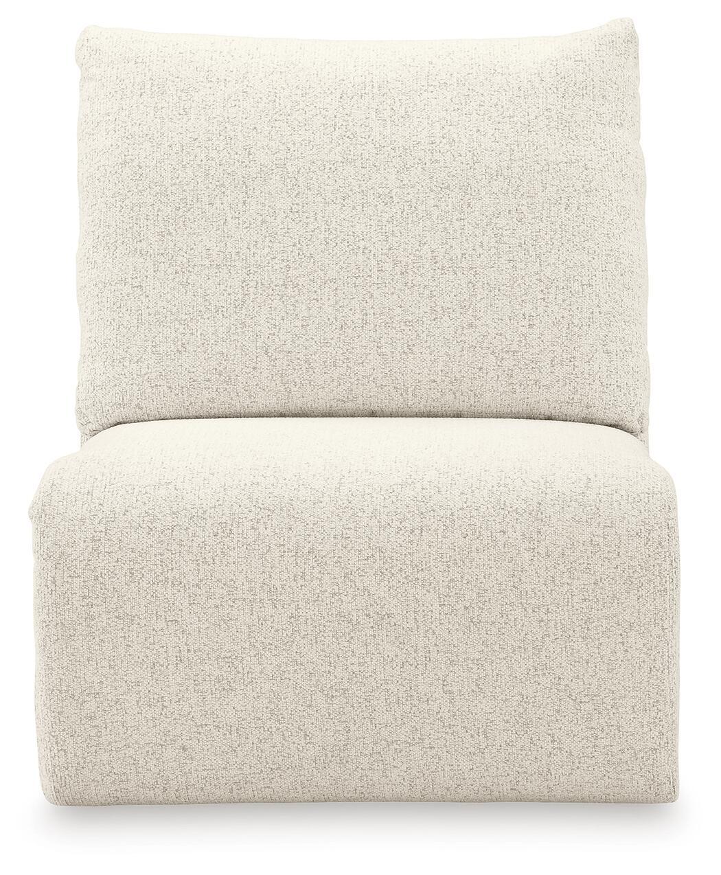 Beige armless chair front view with tall square back and cushioned seat