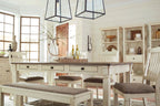 Dining table set: rectangular dining table with upholstered bench and chairs, light wood