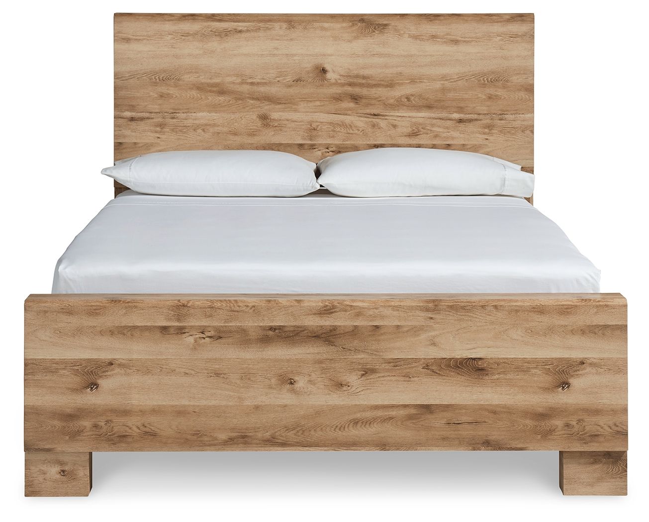Light beige panel bed with horizontal headboard and white pillows on mattress