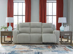 Power reclining sofa with adjustable headrests, light gray ribbed upholstery