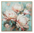 Framed floral wall art with white and pink blossoms on aqua teal background