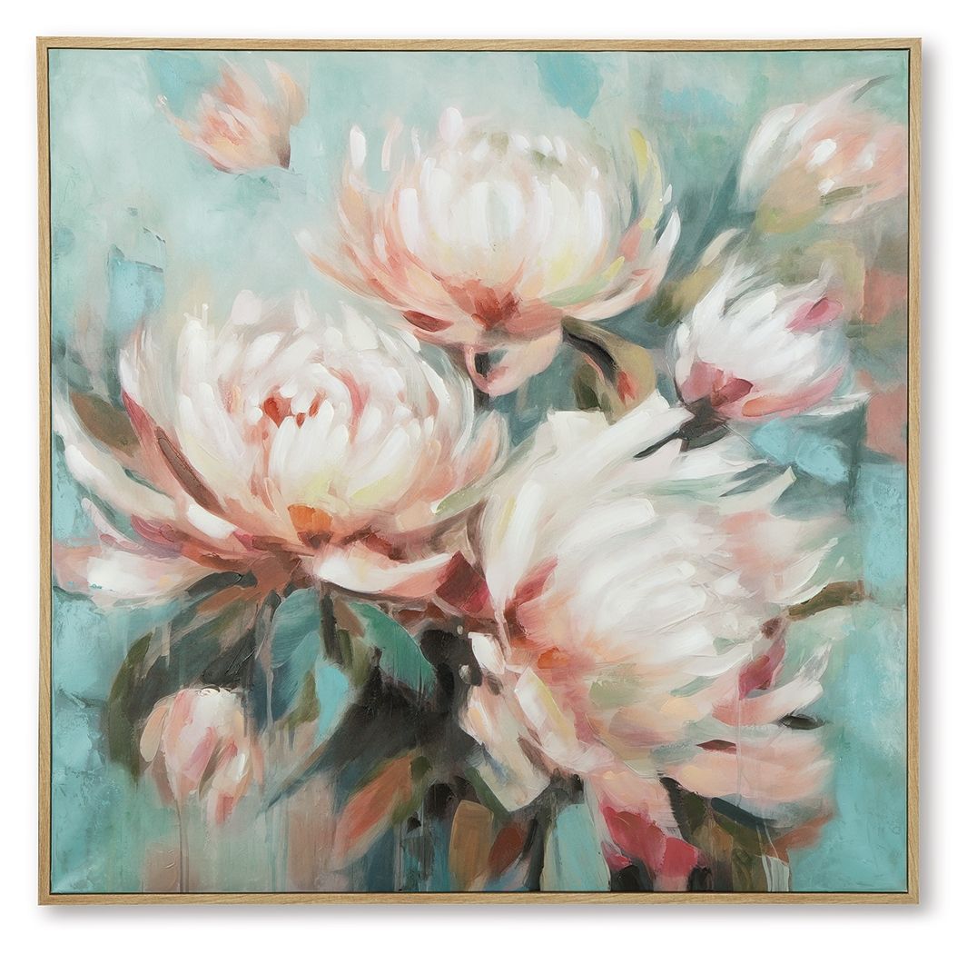 Framed floral wall art with white and pink blossoms on aqua teal background