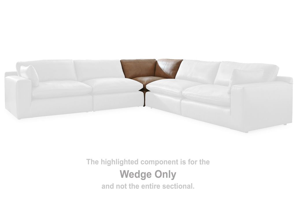 Caramel brown wedge only sectional piece with square arms and padded backrest