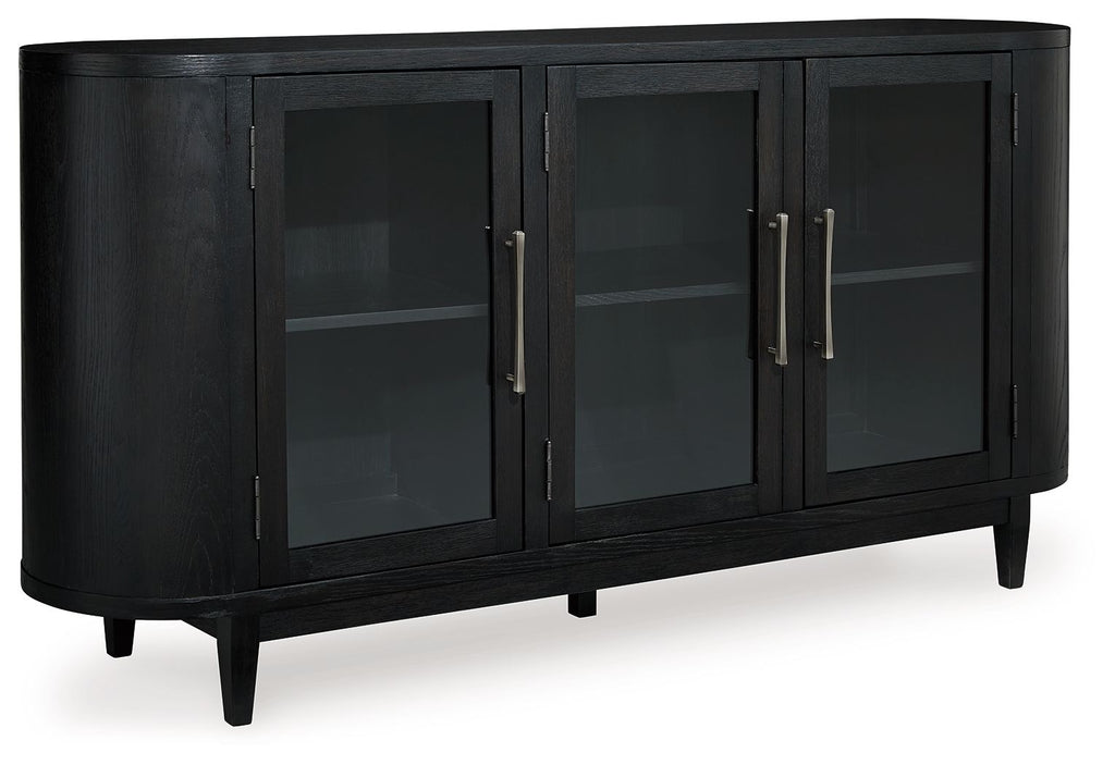 Black dining room server with three glass doors and metal handles