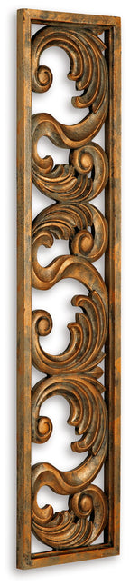 Carved wood wall decor panel with curling scrolls, distressed dark natural finish.