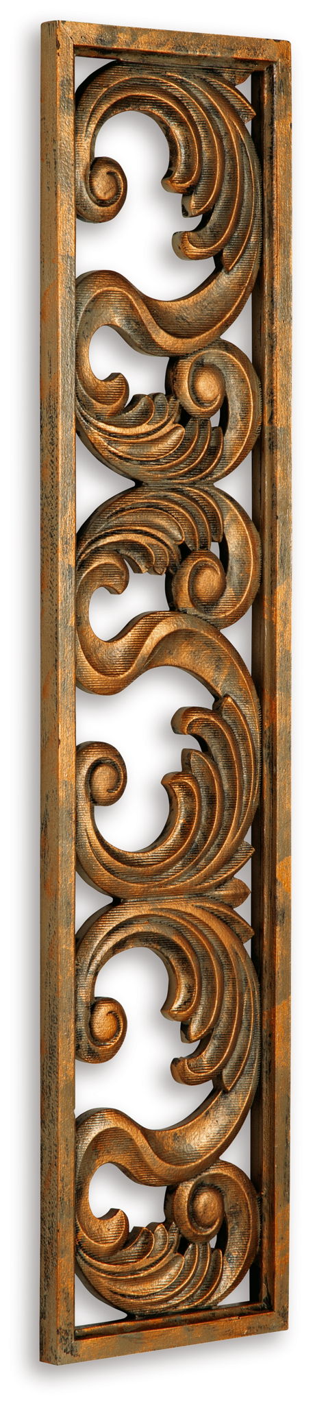 Carved wood wall decor panel with curling scrolls, distressed dark natural finish.