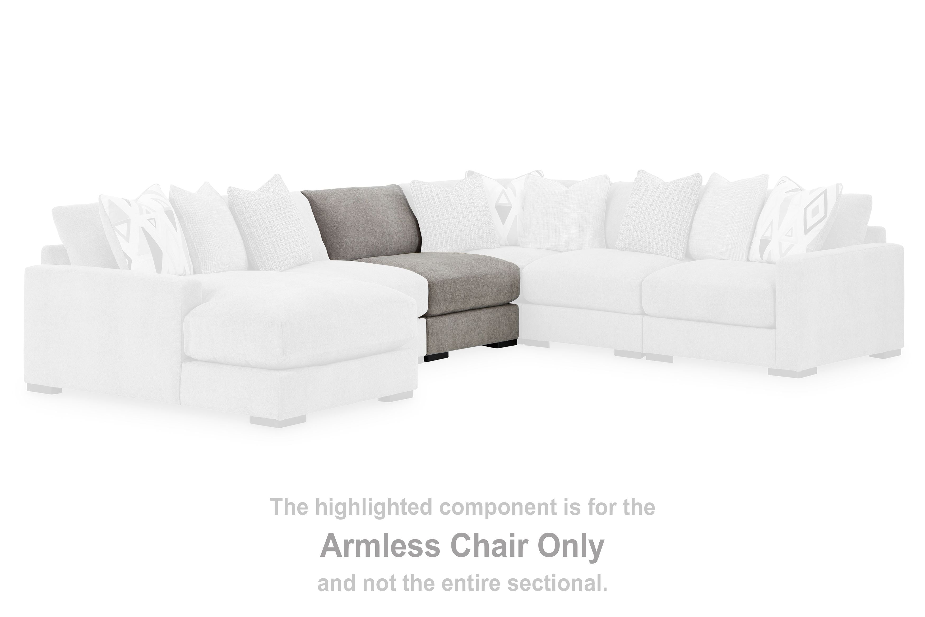 Pebble armless chair component with upholstered back and seat, set into sectional