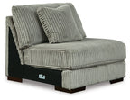 Fog armless chair with gray ribbed fabric, two back pillows, dark base and legs
