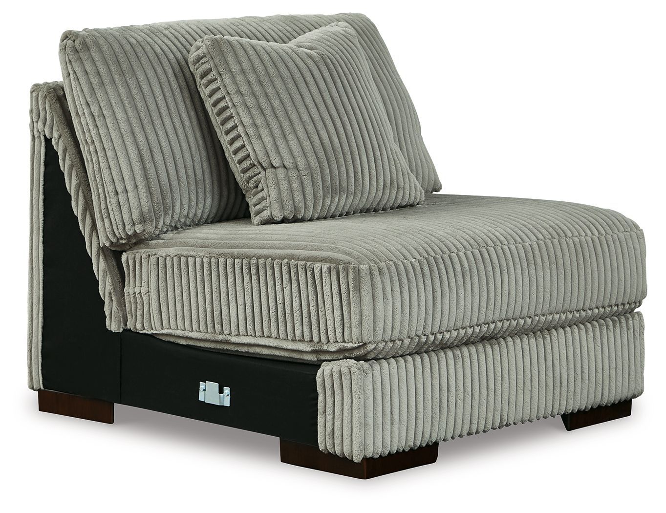Fog armless chair with gray ribbed fabric, two back pillows, dark base and legs