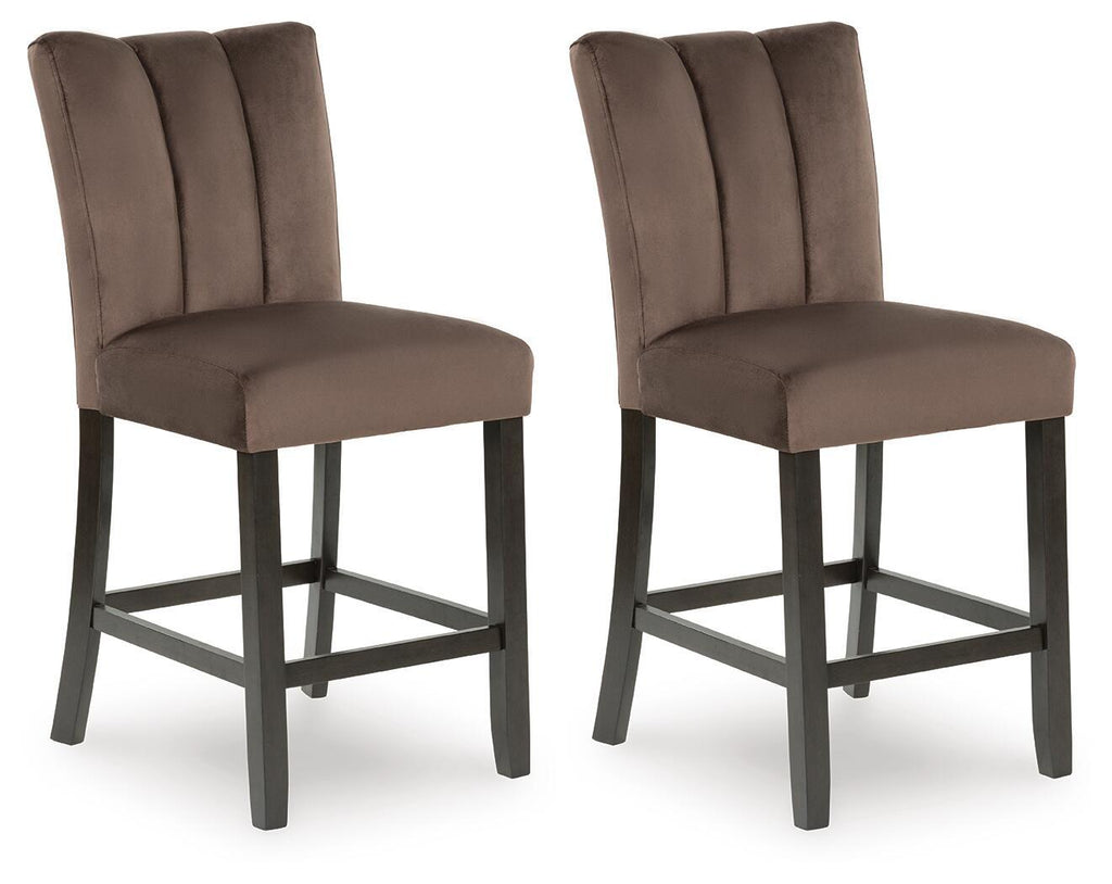 Mocha upholstered barstools set of 2 with tall padded backs and dark wooden legs